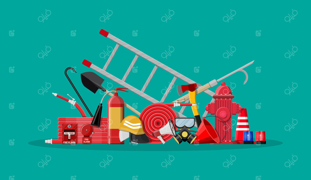 مجموعه تجهیزات آتش‌نشانی و لوازم ایمنی؛ تصویرسازی وکتور به سبک تخت