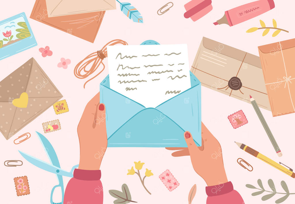 دست‌ها در حال نگه داشتن پاکت آماده‌سازی نامه‌های آینده، کاغذهای پستی، نوشتن پیام، کارت پستال، پیام کارتونی، مفهوم دقیق وکتور