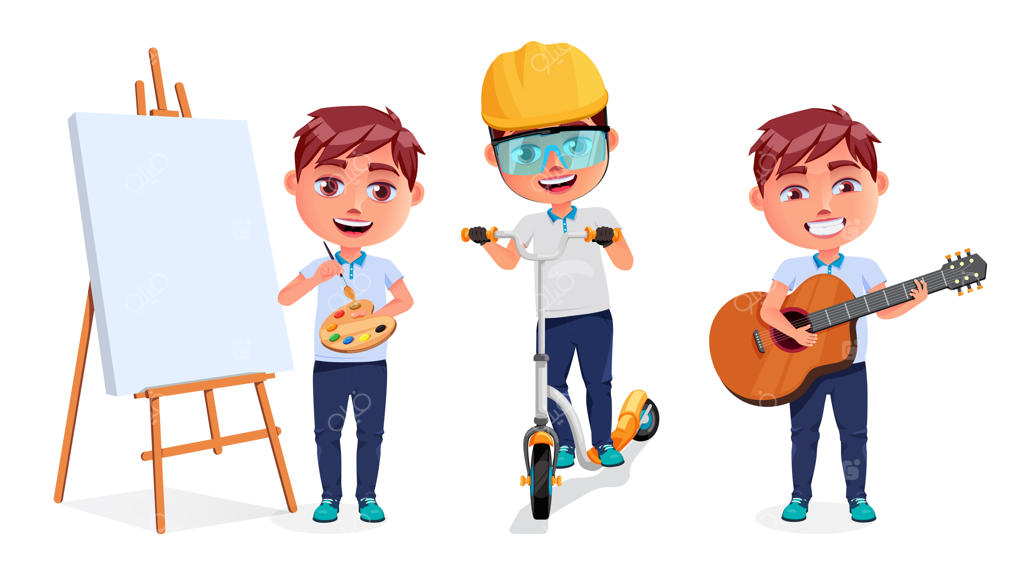 طراحی شخصیت‌های وکتور برای فعالیت‌های کودکان: پسرها در حال نقاشی، نواختن گیتار و دوچرخه‌سواری