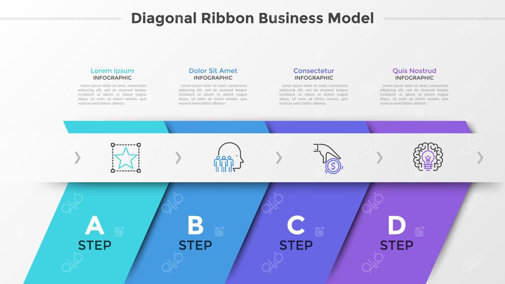 چهار نوار رنگی مورب، حروف و آیکون‌های خطی نازک در یک ردیف افقی. مفهوم 4 مرحله پی‌در‌پی توسعه استارتاپ. قالب طراحی اینفوگرافیک مدرن. تصویرسازی وکتور.