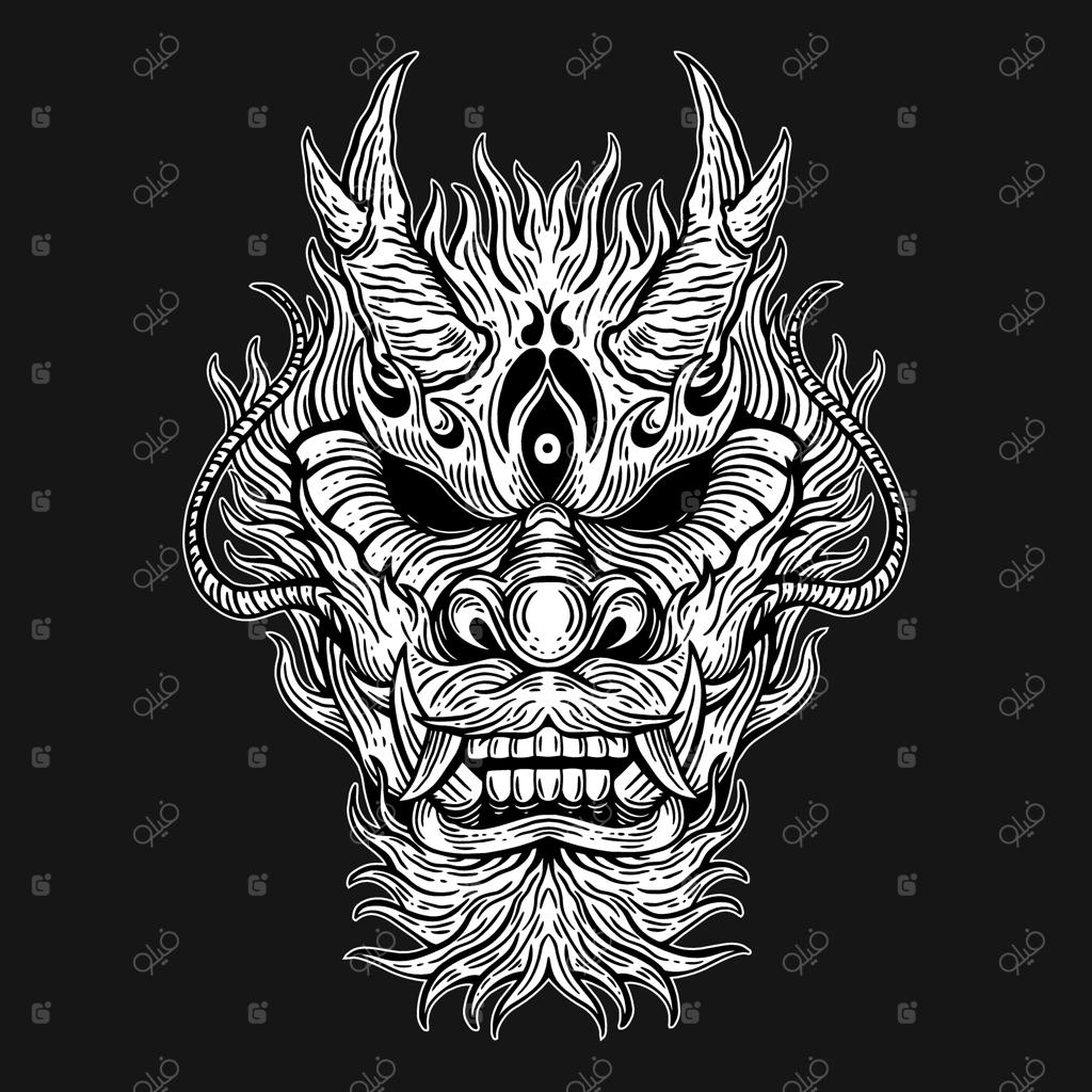 هنر تاریک: جمجمه اژدها با سبک رسم دستی و هاشورکاری