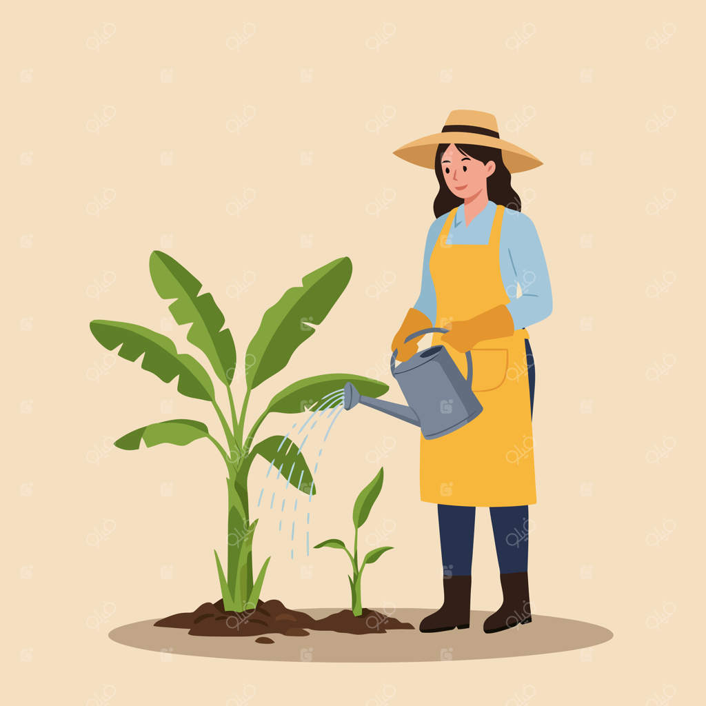 زنی که با آبیاری گیاه جوان در باغ با آب‌پاش