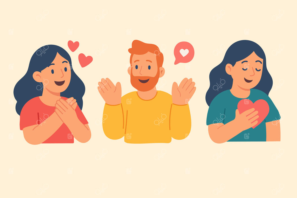 شخصیت‌های کارتونی در حال نشان دادن عشق، سپاسگزاری، حمایت و مهربانی با قلب‌ها و چهره‌های شاد.