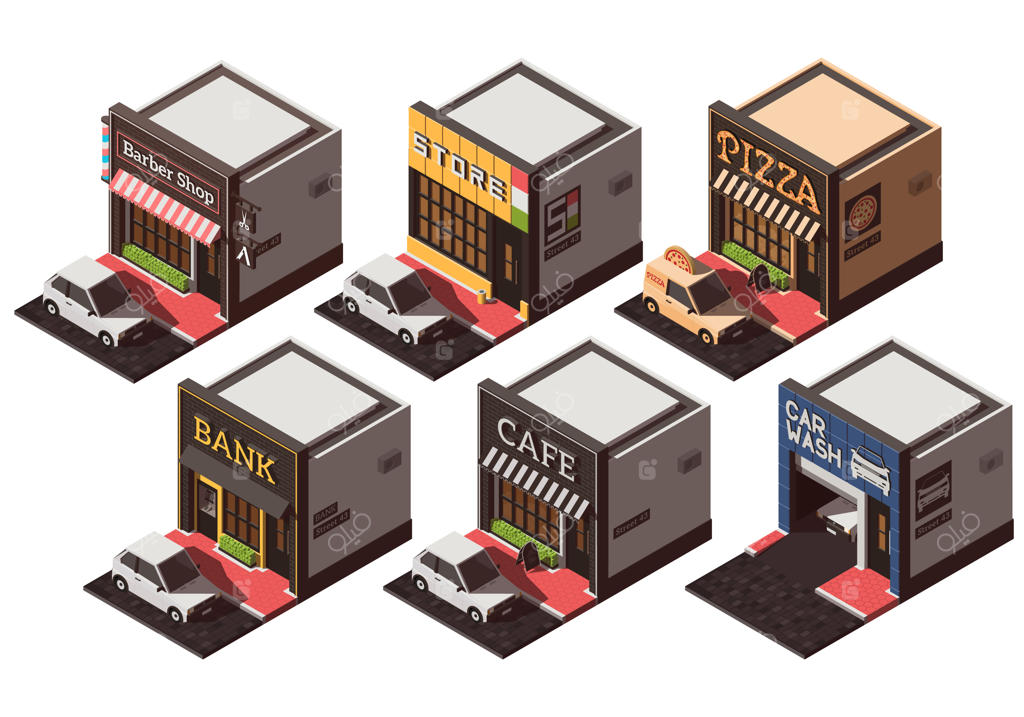 مجموعه وکتور با ساختمان‌های شهری ایزومتریک.