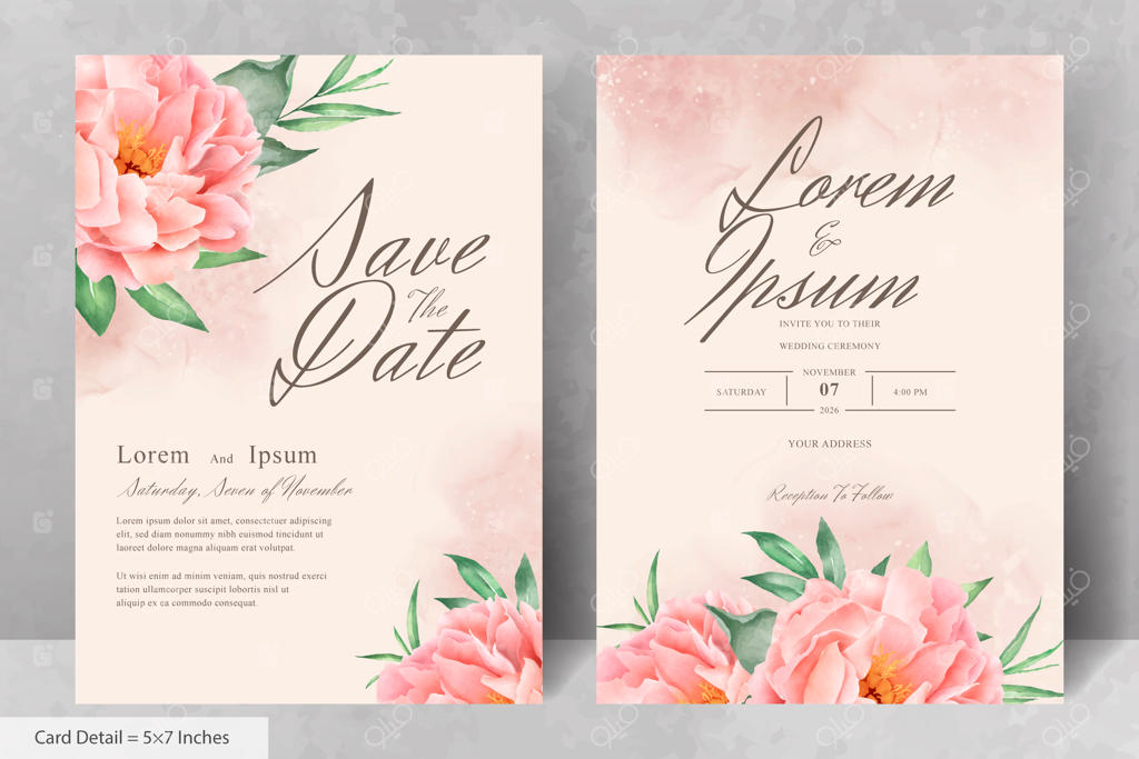 ست دعوت‌نامه عروسی زیبا با نقاشی آبرنگی از گل صد تومانی و برگ‌ها