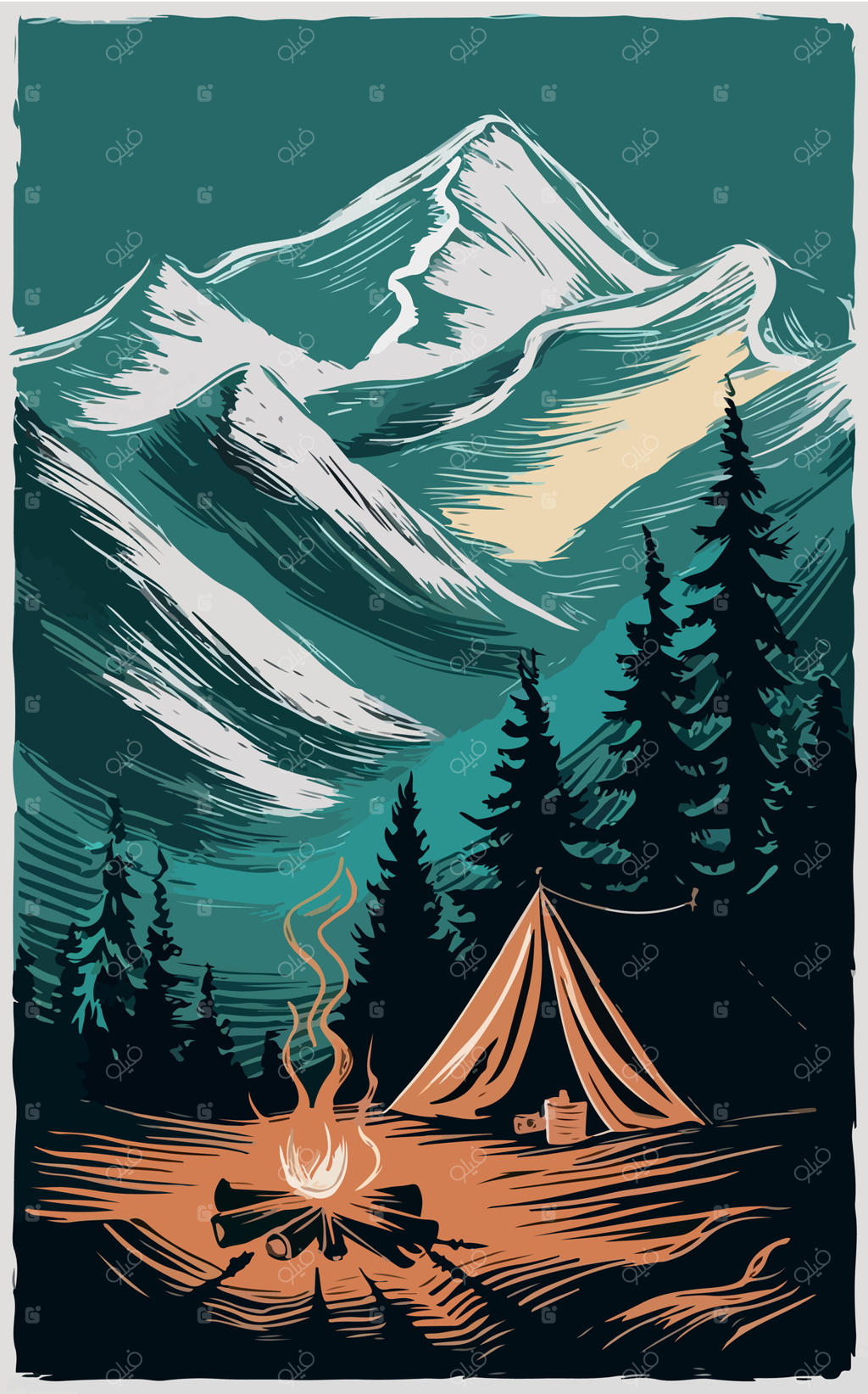 پوستر چادر مسافرتی با پس‌زمینه کوهستان