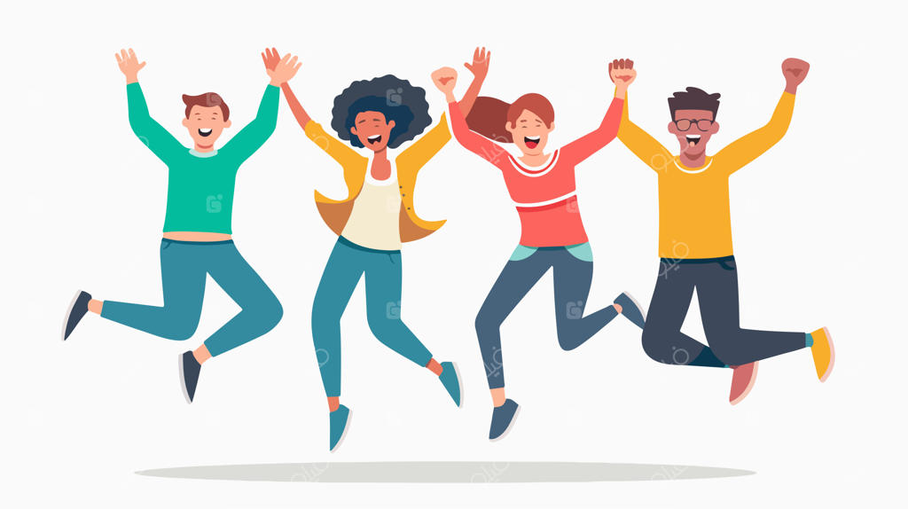 پریدن دسته‌جمعی جوانان شاد با دست‌های بالا