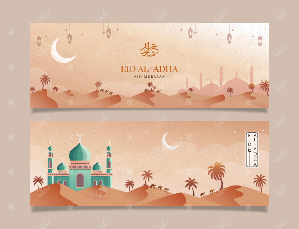 بنر شیک جشن عید قربان با طراحی مسجد و منظره کویر