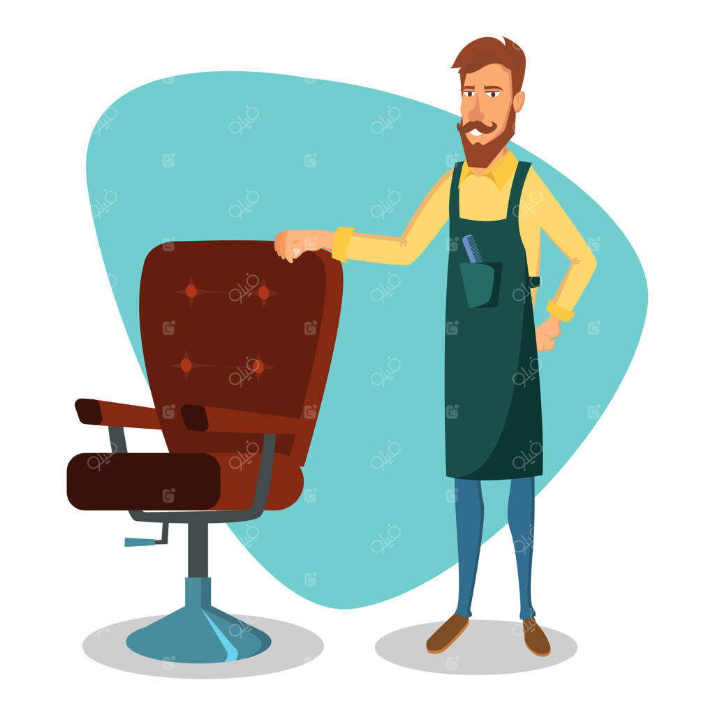 وکتور بامزه آرایشگر. مرد آرایشگر هیپستر شاد. آرایشگر حرفه‌ای آماده برای مدل موی مدرن. تصویرسازی مجزا.
