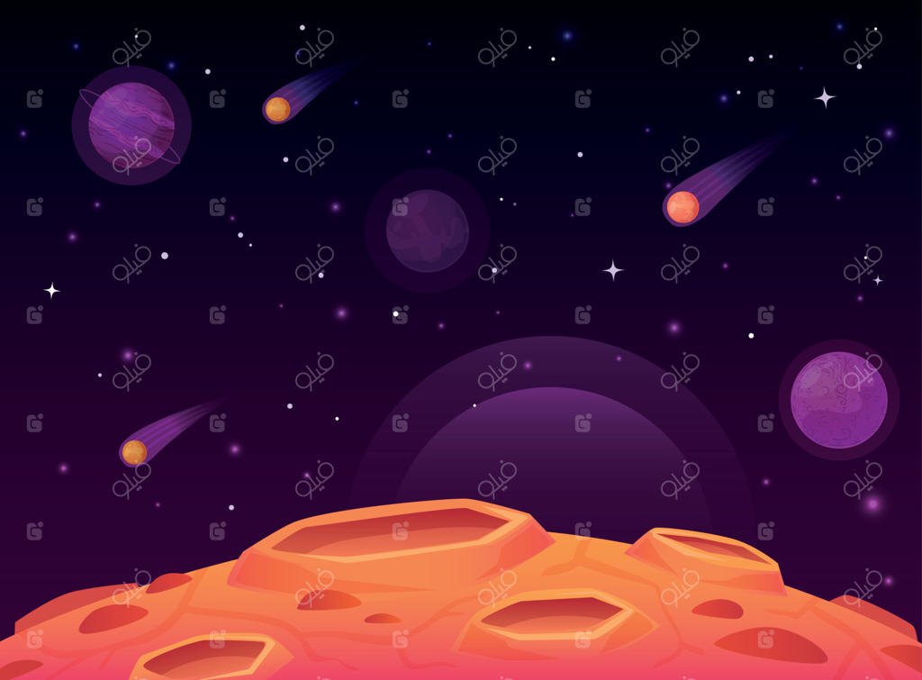 سطح سیارک فضایی: سیاره‌ای با سطح پر از دهانه، منظره سیارات فضایی و شهاب‌سنگ - تصویرسازی کارتونی با دهانه‌ها