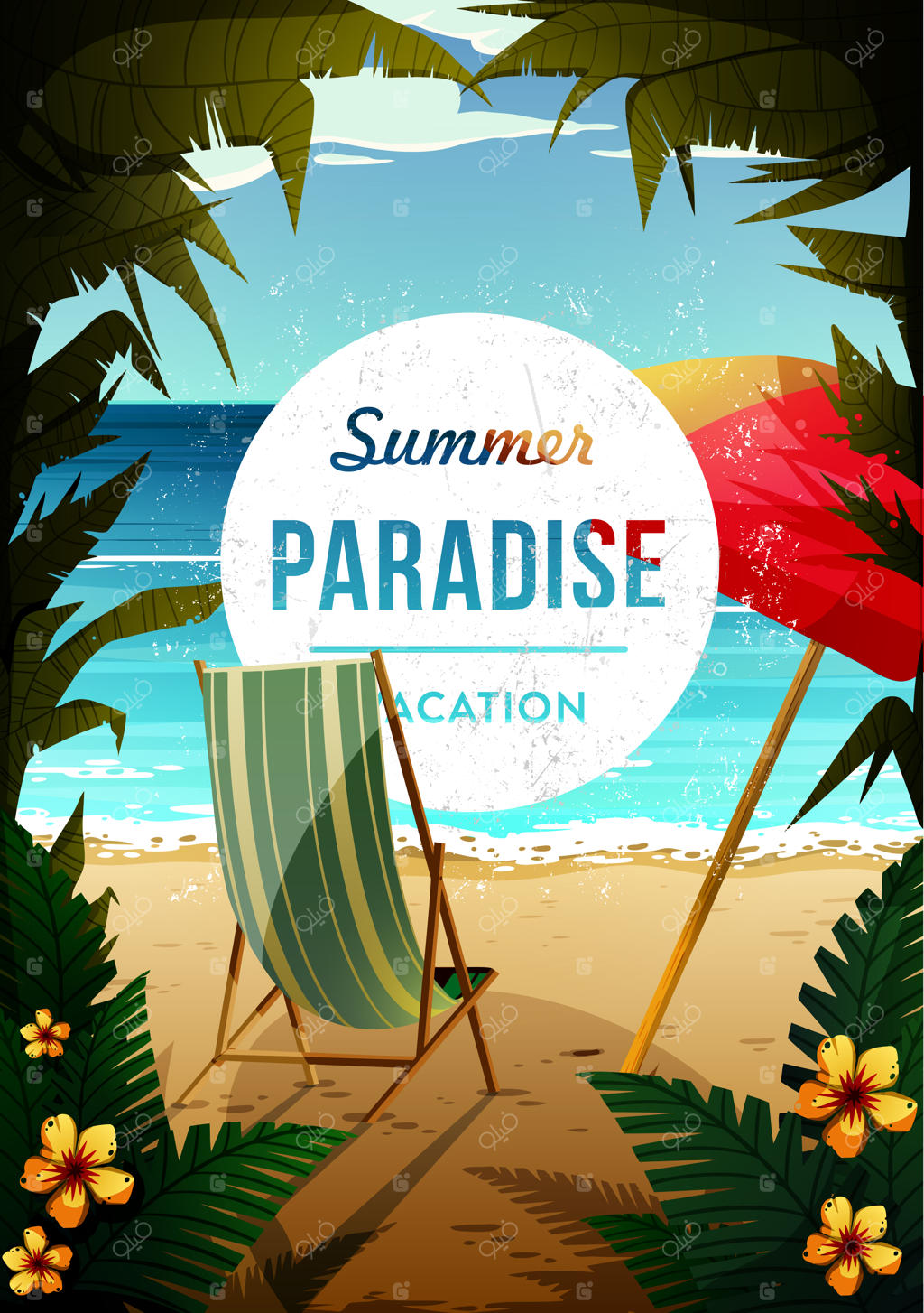 پوستر بهشت استوایی: منظره ساحلی با چتر و صندلی ساحلی. مفهومی از تعطیلات تابستانی. تصویرسازی وکتور.