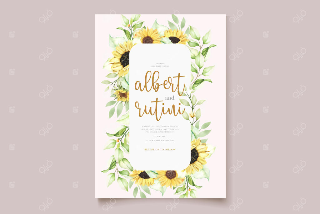 کارت عروسی با نقاشی آبرنگی گل آفتابگردان دستی