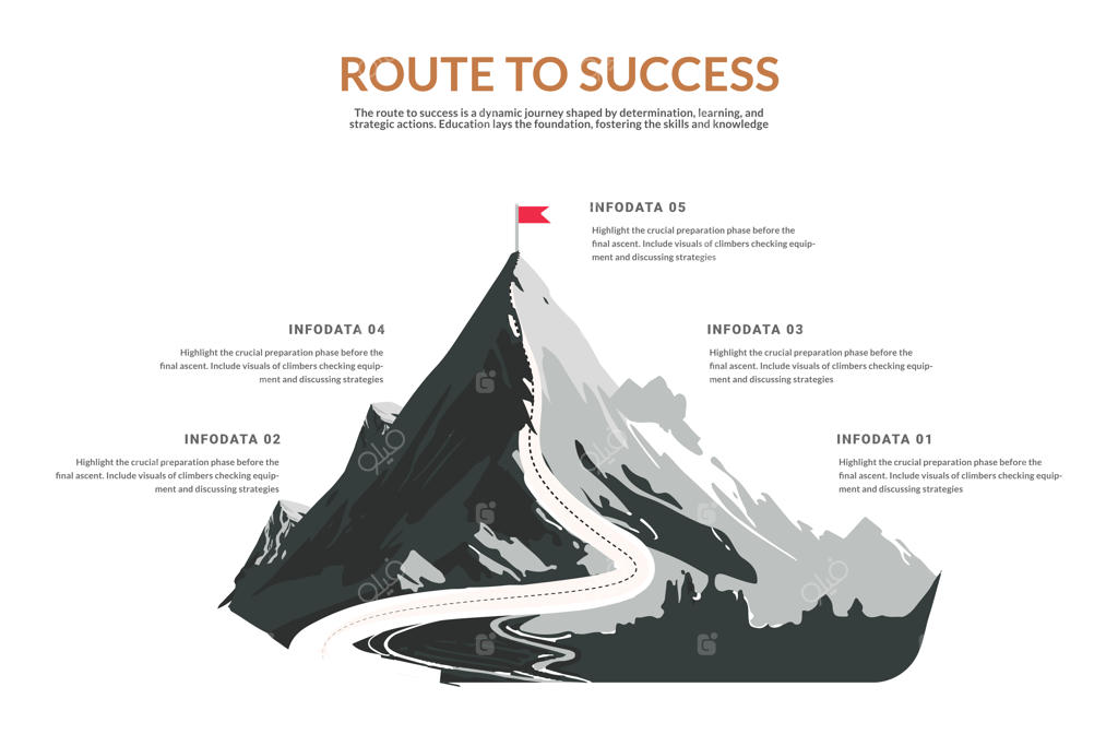 وکتور مفهومی موفقیت و مسیر صعود به قله با استایل دیجیتالی و آینده‌نگرانه در پس‌زمینه آبی