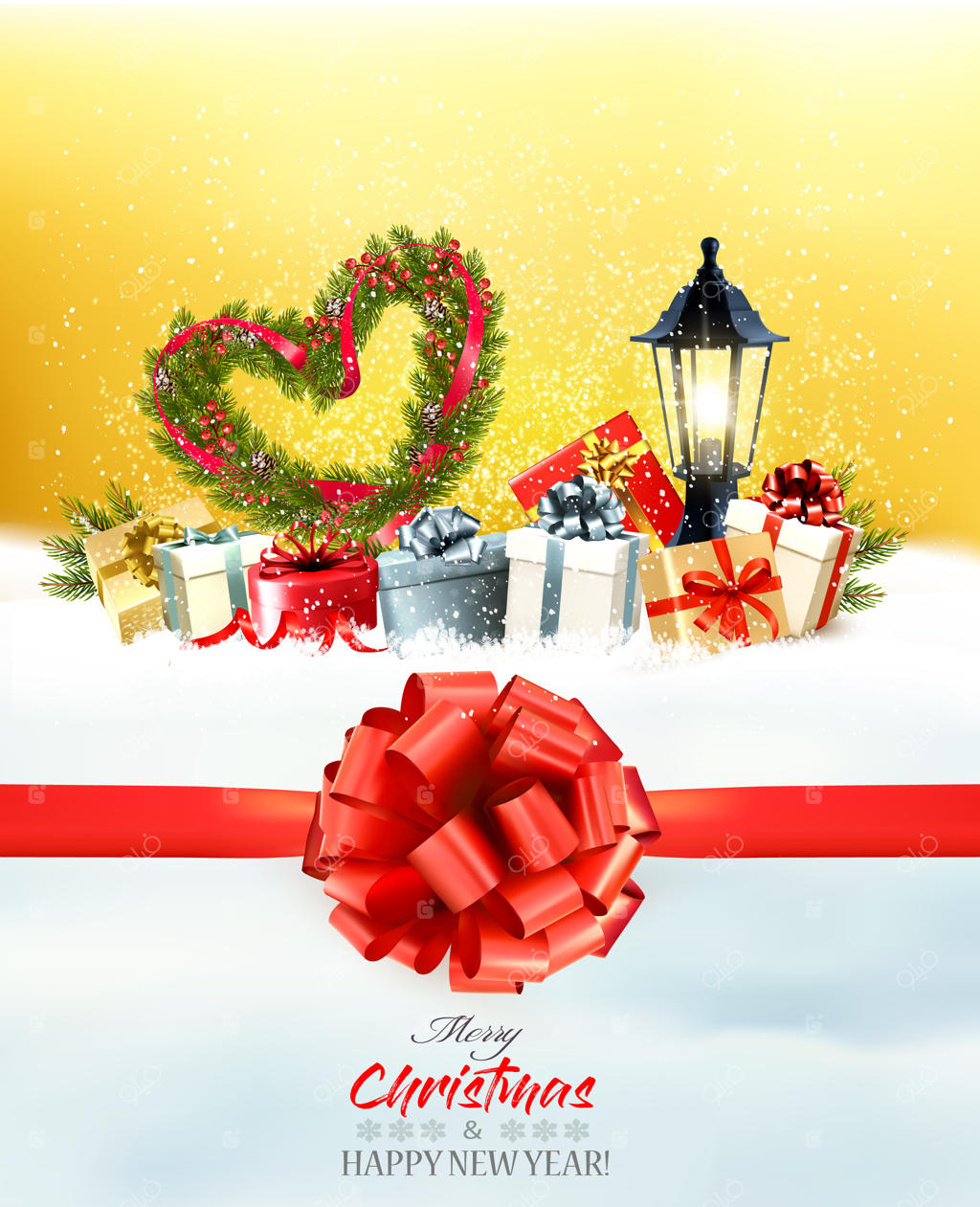 کریسمس مبارک و سال نو شاد با پس‌زمینه نورانی زرد، شاخه‌های درخت کریسمس به شکل قلب و جعبه‌های هدیه رنگارنگ وکتور