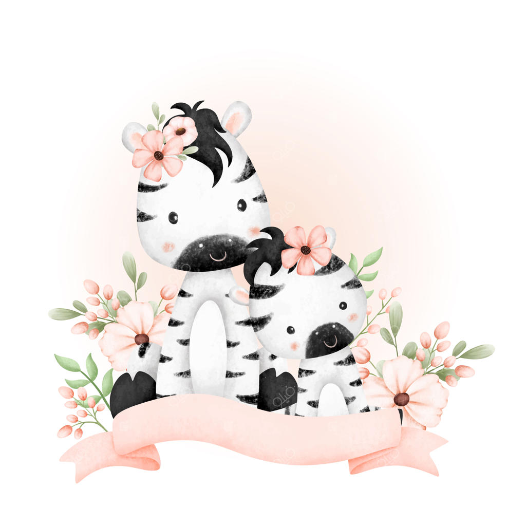 زبرا مادر و بچه با گل‌ها و روبان در آبرنگ