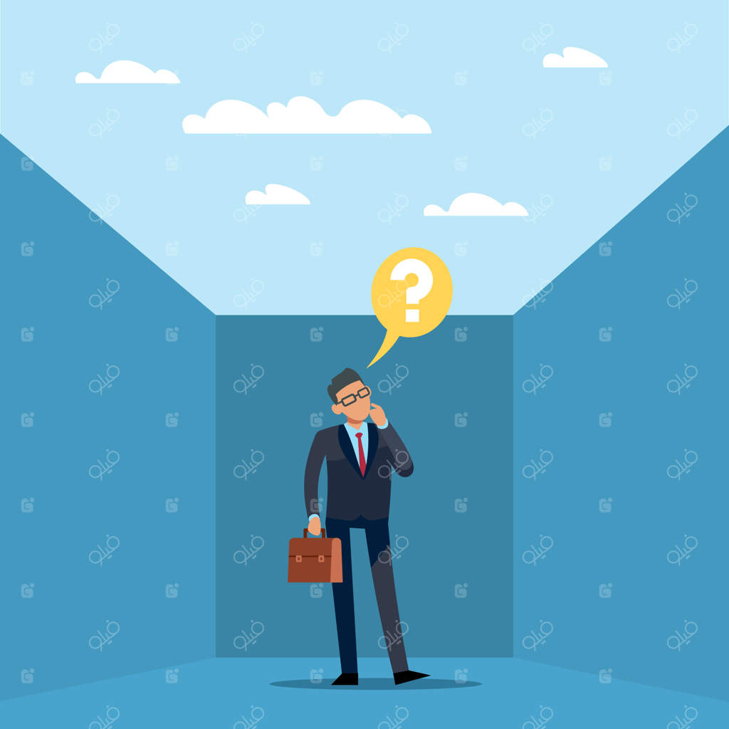 چالش‌های کسب‌وکار وظیفه دشوار: تاجر گیج در کت‌وشلوار که به دنبال حل مشکلات و یافتن فرصت‌های جدید تجاری است