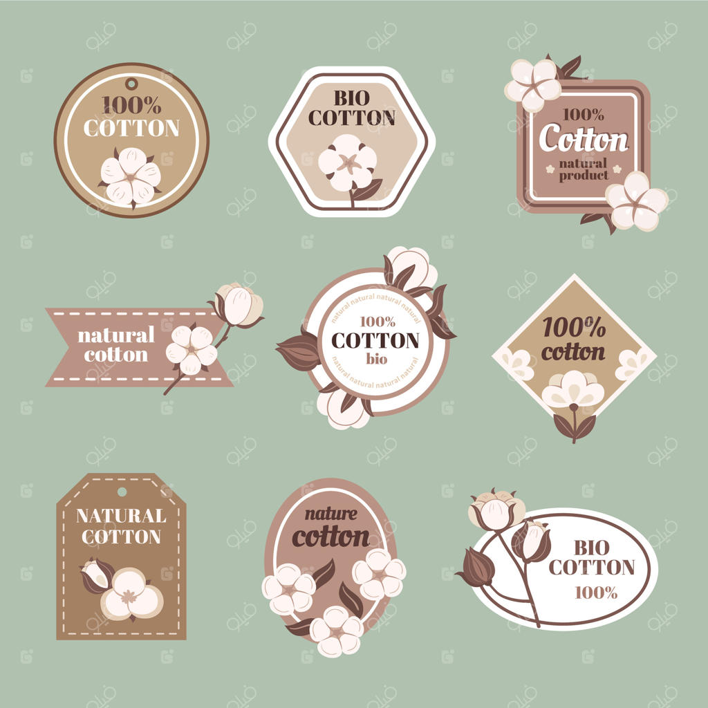نشان پنبه. نشان پارچه طبیعی با طرح گل، برچسب ۱۰۰٪ پنبه و مجموعه غوزه‌های شکفته