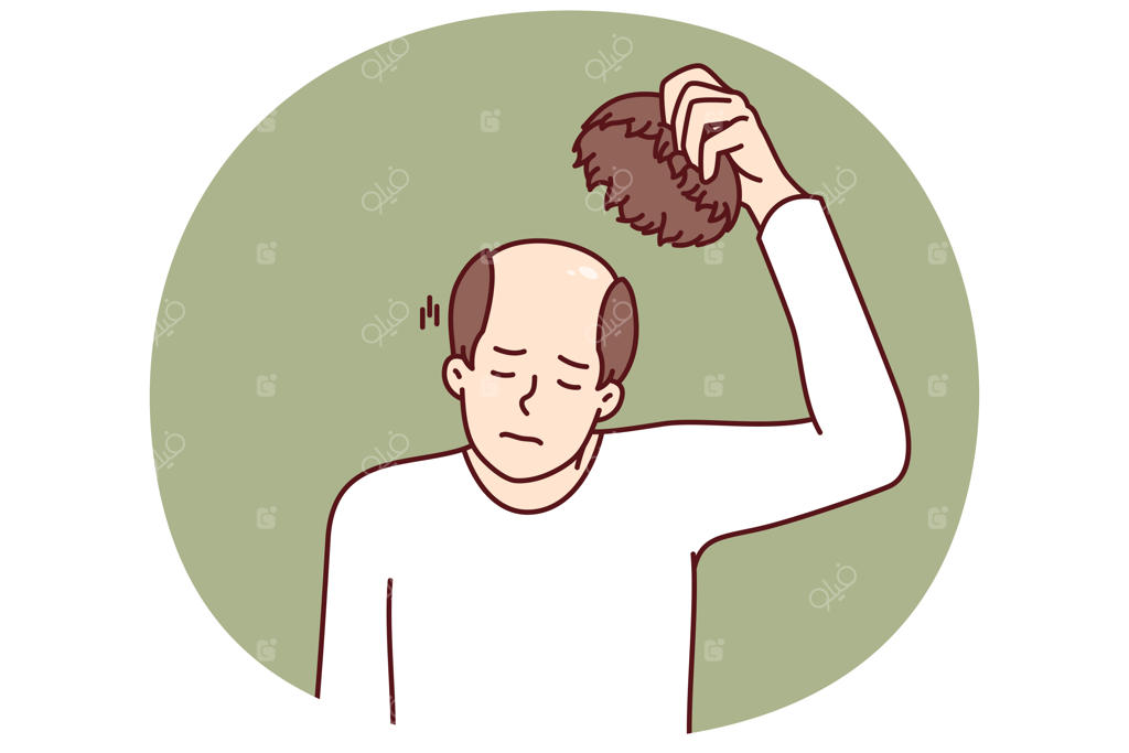 مردی کلاه‌گیسش را برمی‌دارد و استرس طاسی ناشی از مشکلات مو را تجربه می‌کند.
