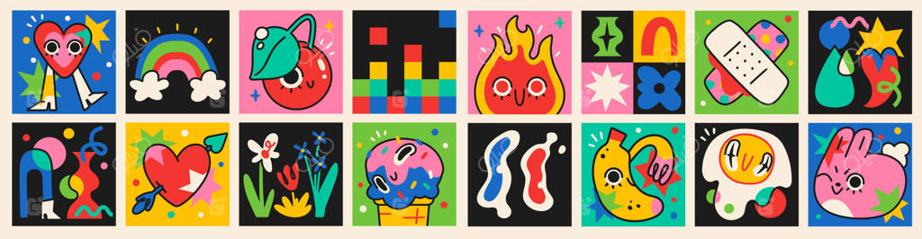 مجموعه‌ای از شخصیت‌ها، عناصر و اشکال طنز دیوانه‌وار انتزاعی با رنگ‌های شاد و سبک کارتونی