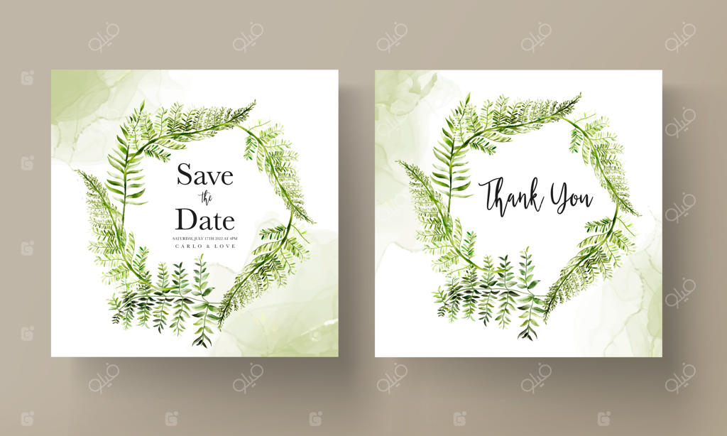 کارت دعوت عروسی با طرح برگ‌های سرخس آبرنگی زیبا