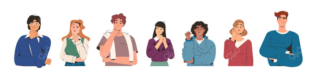 پرتره‌های فلت جوانان متفکر. افراد مردد در فکر حل مسئله. گروه شخصیت‌های گیج در حال بررسی مشکل یا تصمیم‌گیری. مردان و زنان سردرگم در حال تفکر.