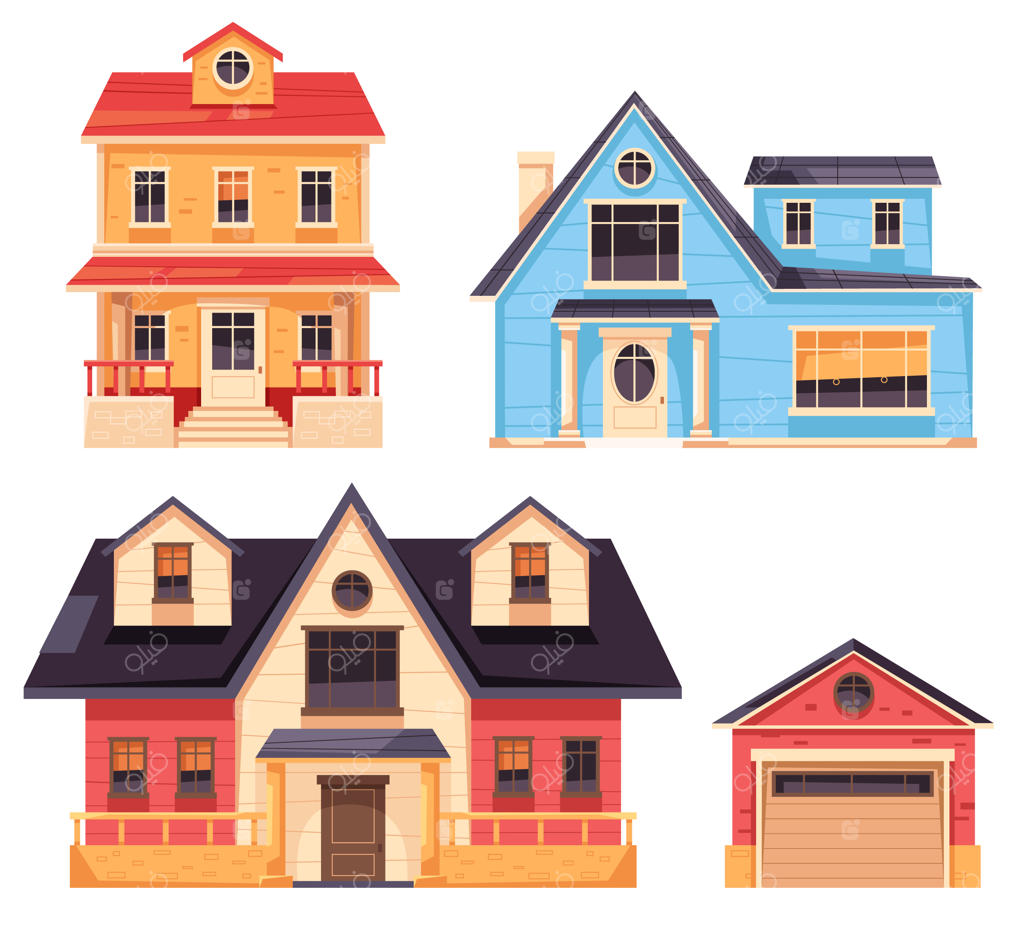 مجموعه‌ای از نمای خانه‌های روستایی در طراحی گرافیکی کارتونی