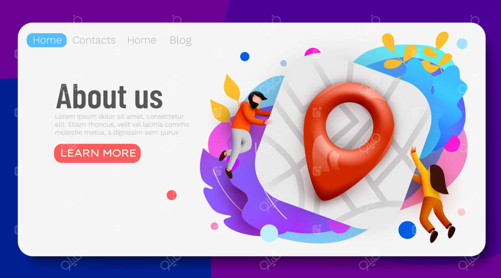 افراد کوچک در حال پرواز اطراف نقشه بزرگ با پین نقشه