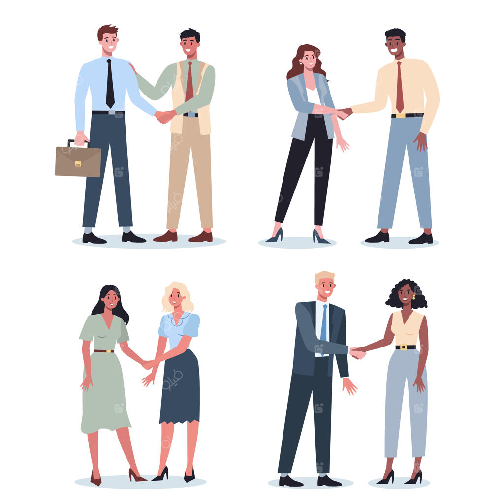 مفهوم کار تیمی: دست دادن افراد بیزنس. ایده‌ی همکاری و حرکت به سوی موفقیت. مشارکت و هم‌افزایی در تجارت. تصویرسازی انتزاعی وکتور تخت