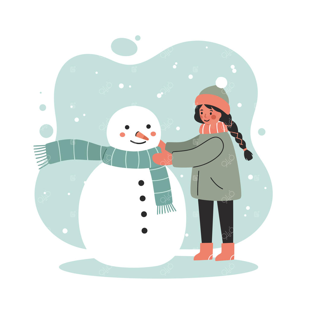 دختر در حال ساختن آدم‌برفی با شال‌گردن سبز و لباس‌های زمستانی؛ تفریح زمستانی در فضای باز