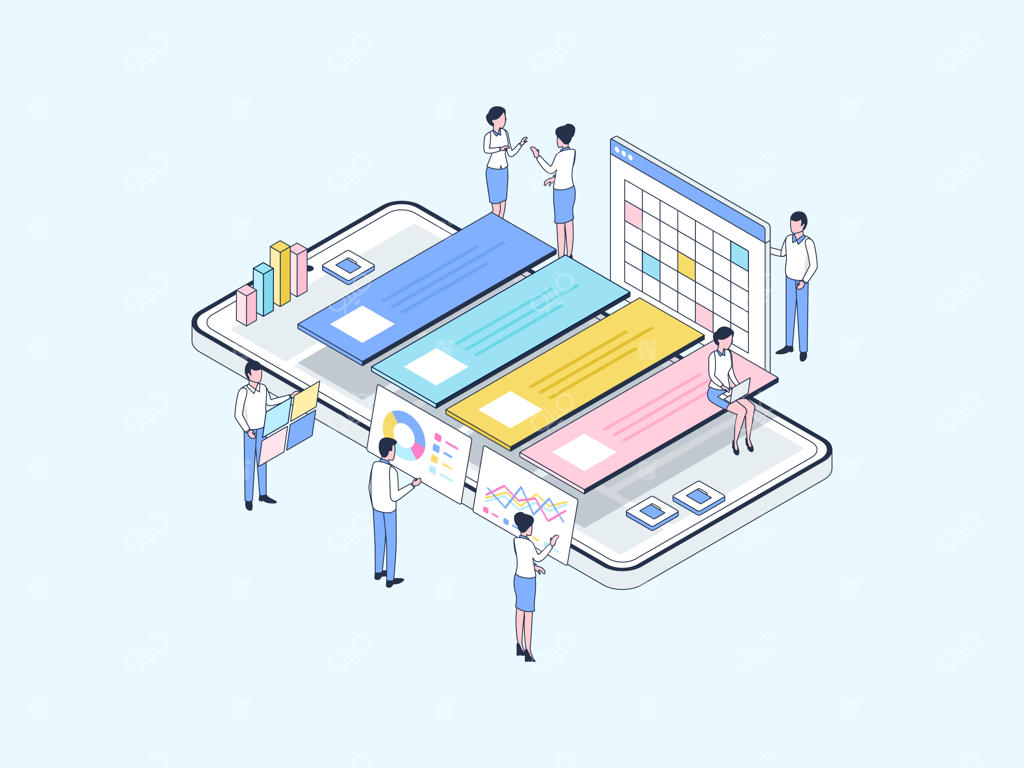 تصویر ایزومتریک مدیریت پروژه با رنگ‌ خطی. مناسب برای اپلیکیشن موبایل، وب‌سایت، بنرها، نمودارها، اینفوگرافیک‌ها و دیگر منابع گرافیکی.