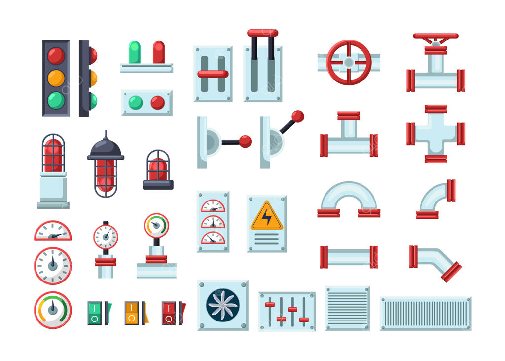 مجموعه‌ای از تصاویر وکتور قطعات مختلف ماشین‌آلات: اجزای تجهیزات مکانیکی، لوله‌ها، اهرم‌ها و دکمه‌ها در پس‌زمینه سفید. مفهوم ماشین‌آلات، فناوری و صنعت