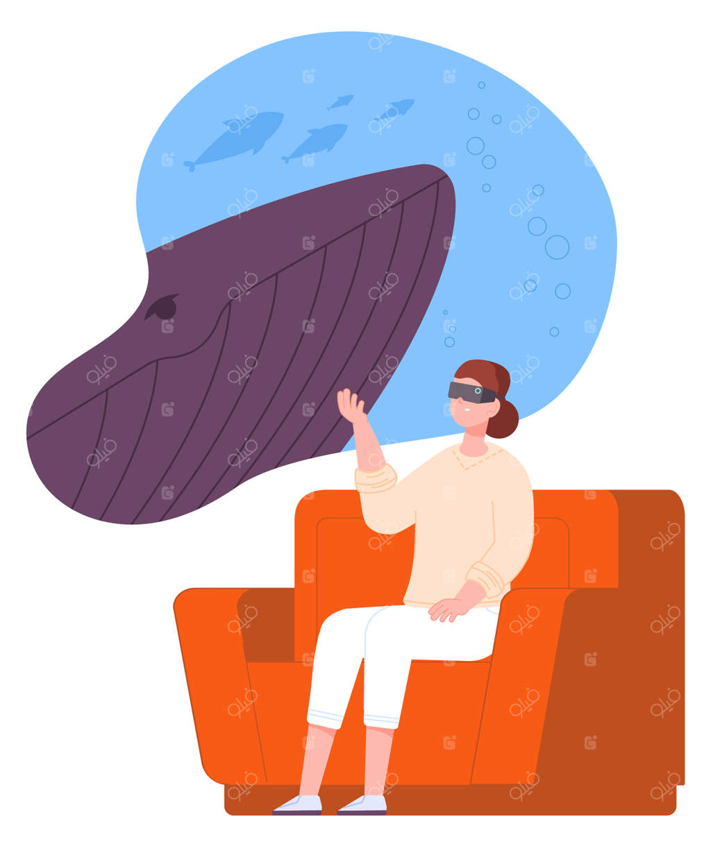 زنی با عینک واقعیت مجازی نشسته روی مبل، تجربه واقعیت مجازی زیر آب