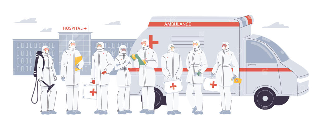 تیم پزشکان و پرستاران با لباس محافظ در حیاط