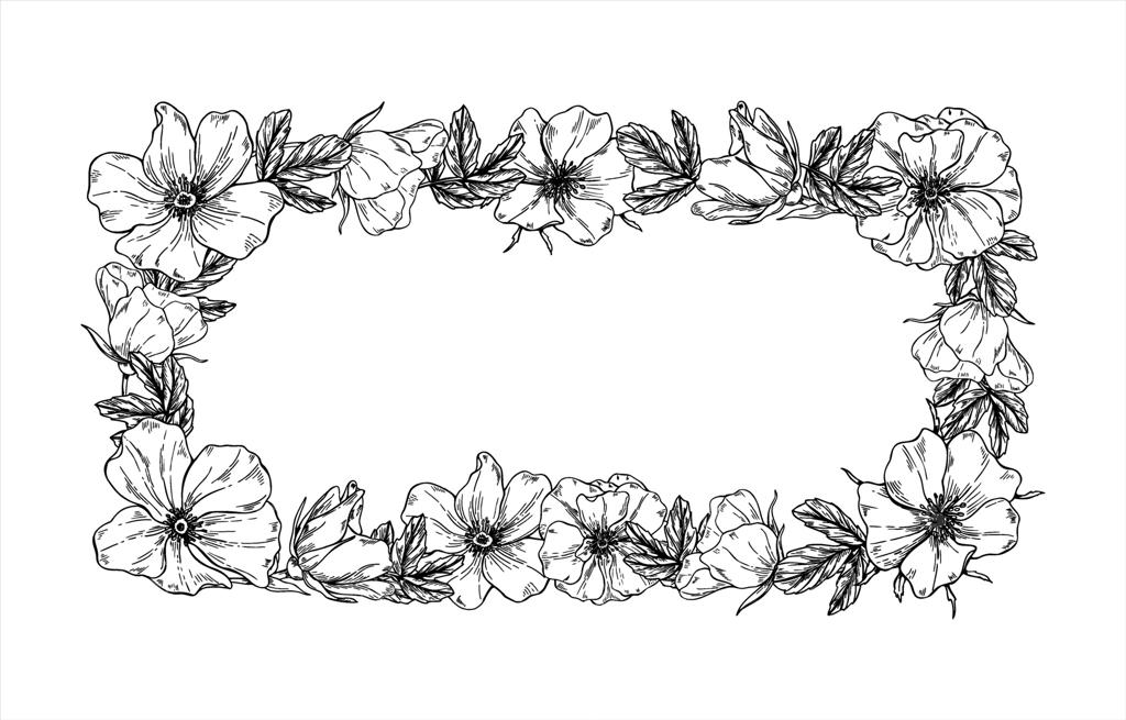 تابلوی گل‌های شکوفا در رنگ‌های تک‌رنگ با قاب مستطیلی از جنس جوهر سیاه. طرح‌کشی از خشخاش وحشی با حاشیه‌ای برای متن. مناسب برای کارت‌های تبریک و دعوت‌نامه‌های روز ولنتاین.