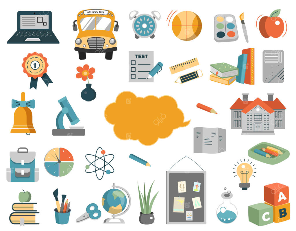 عناصر بازگشت به مدرسه: آیکون‌های آموزشی، لوازم جانبی برای مطالعه، لوازم التحریر و وسایل هنری جذاب.