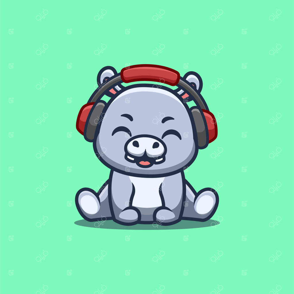 لوگوی کارتونی بامزه و خلاقانه هیپو در حال شنیدن موسیقی