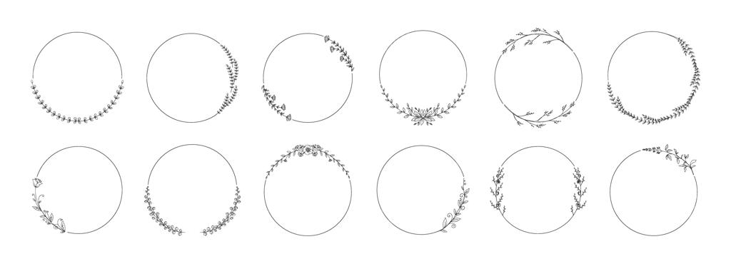 قاب دایره‌ای دست‌ساز گلدار با شاخه‌های ظریف و برگ‌ها: عناصر تزئینی سیاه و سفید برای کارت دعوت عروسی