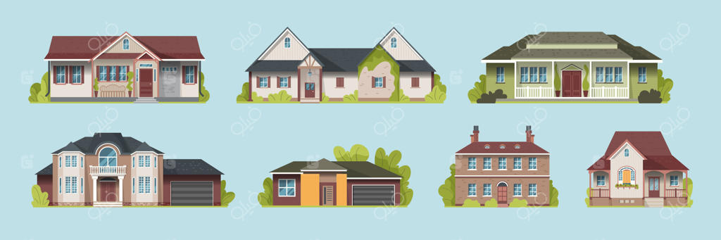 مجموعه‌ای از مدل‌های خانه‌های حومه شهر روی پس‌زمینه آبی - تصویرسازی وکتور تخت
