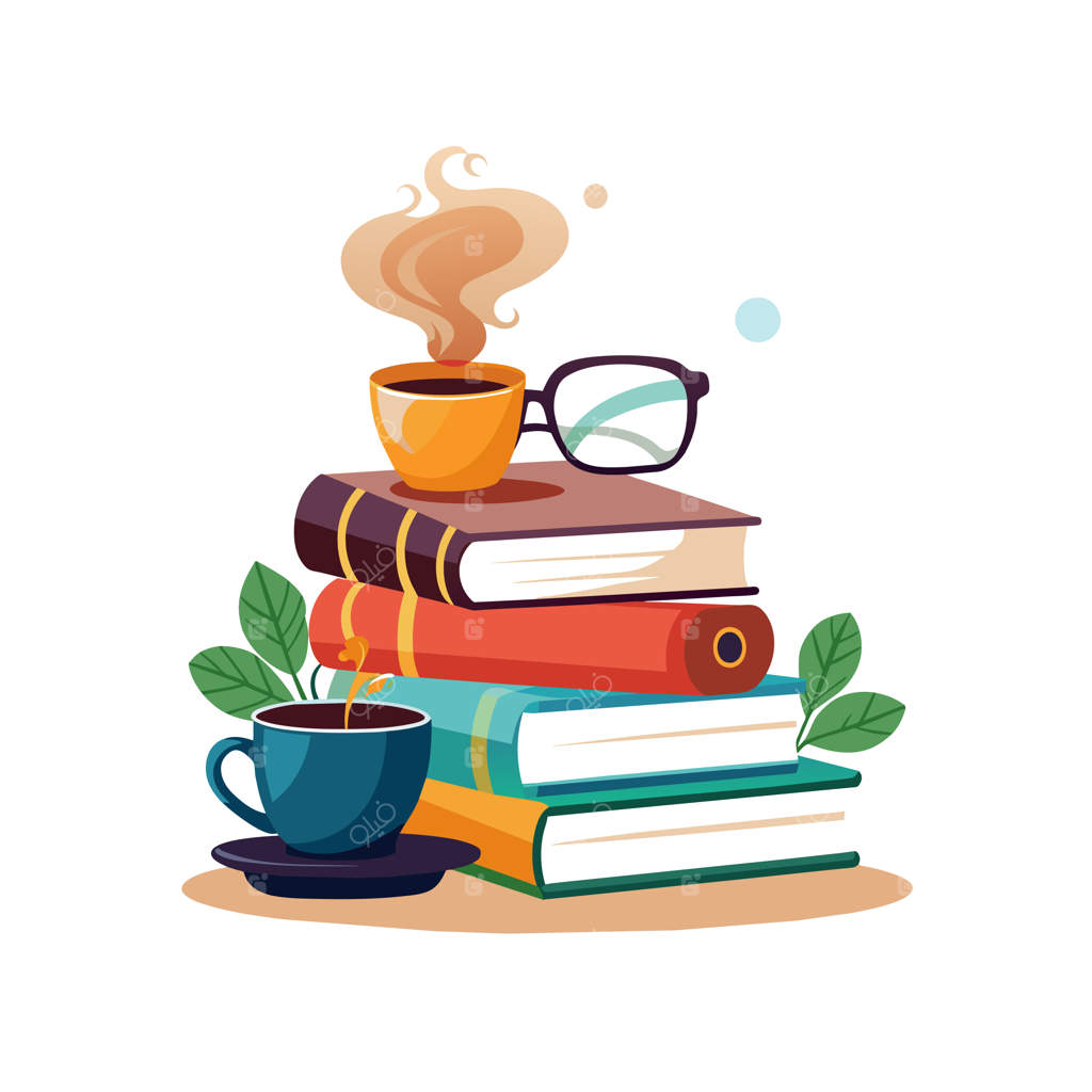 یک دسته کتاب با یک فنجان قهوه و کتابی روی آنها