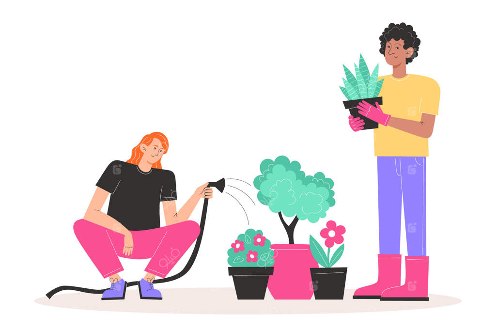 مردم از باغ مراقبت می‌کنند، مردها گل‌های خانه را آب می‌دهند