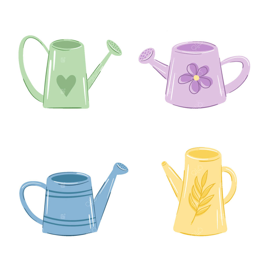 مجموعه‌ای از آبپاش‌های باغبانی با اشکال، رنگ‌ها و طرح‌های متنوع. ابزارهای دستی برای آبیاری گیاهان.