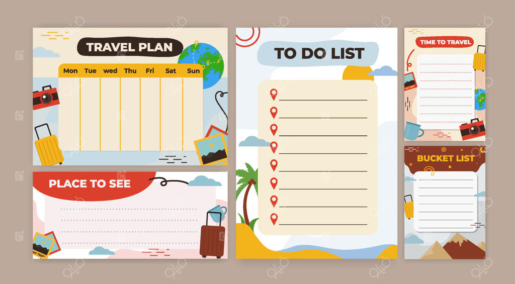 مجموعه قالب‌های مسافرتی با چیدمان تخت روی میز