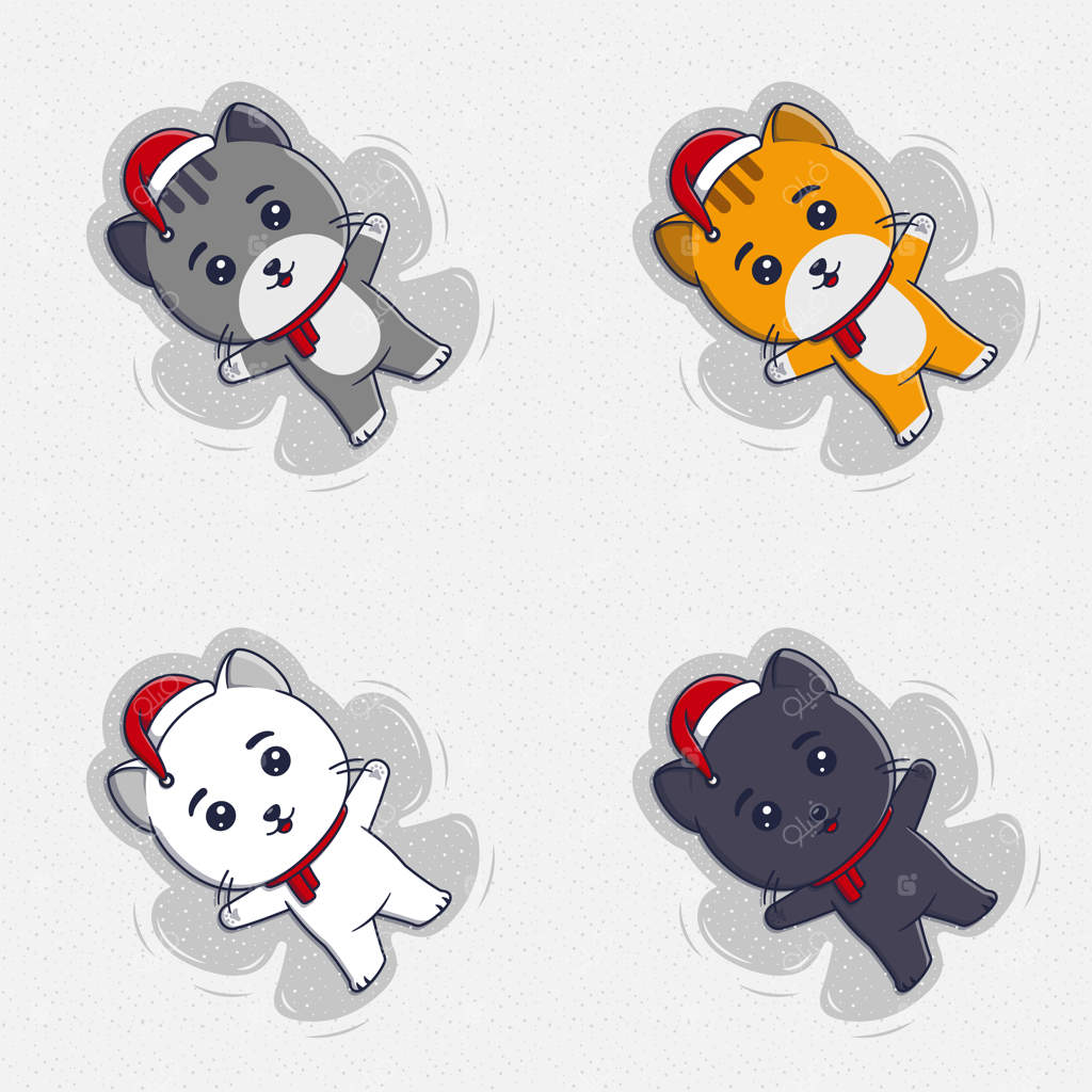 گربه‌های بامزه با کلاه و شال کریسمس در حال درست کردن فرشته برفی