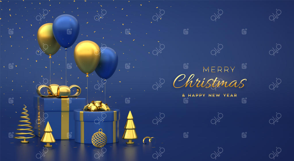 جعبه‌های هدیه با پاپیون طلایی، شکل مخروطی کاج فلزی، درختان صنوبر، دانه‌های برف، بادکنک‌های هلیومی جشن و کاغذهای رنگی بر روی پس‌زمینه آبی. کارت تبریک و بنر کریسمس مبارک همراه با تصویرسازی وکتور.
