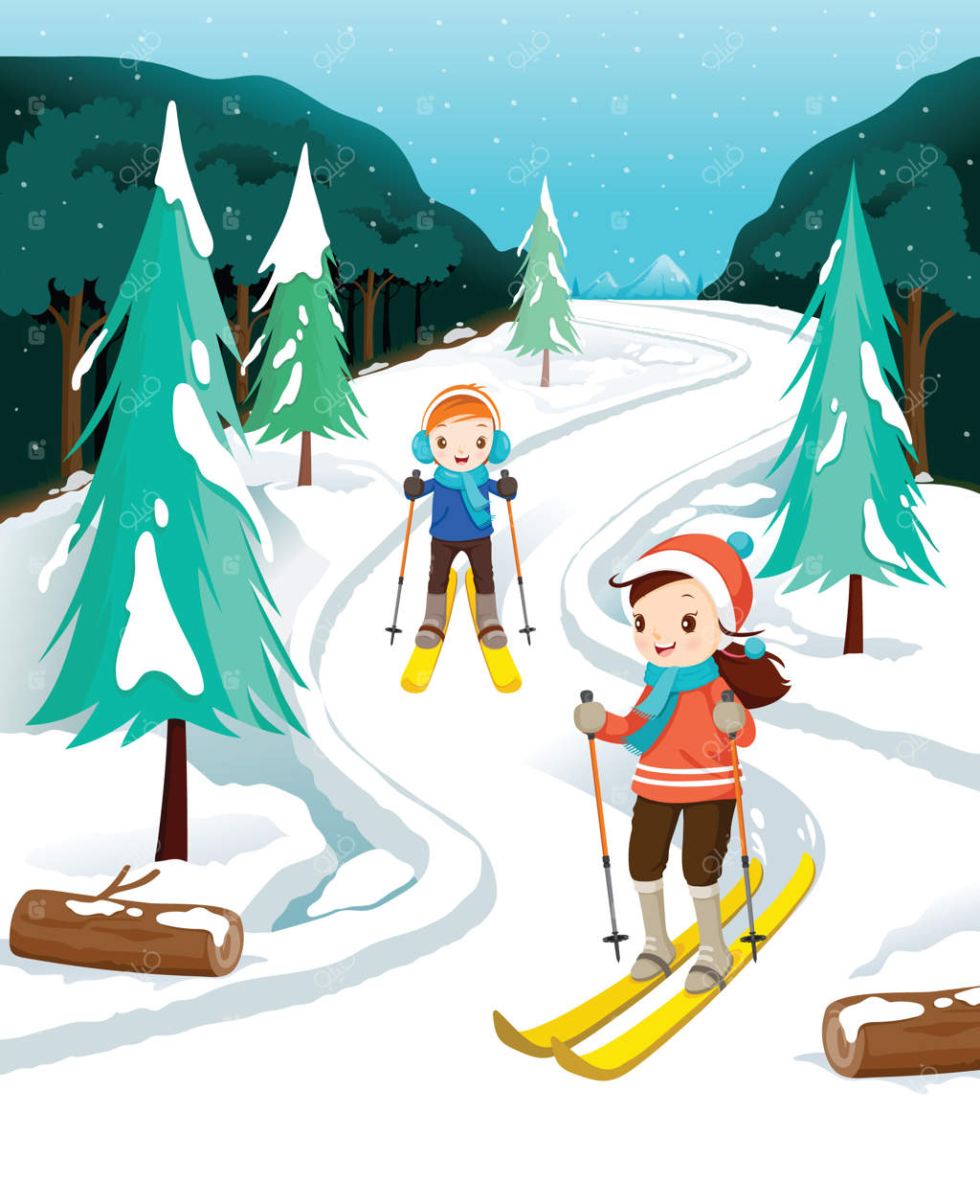 پسر و دختر در حال اسکی، بارش برف، فعالیت‌های زمستانی