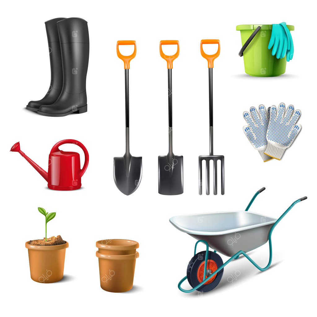 مجموعه‌ای از تصویرسازی‌های آیکونی ابزار باغبانی: فرغون، چکمه‌های لاستیکی، گلدان، دستکش کار، گلدان‌ها.