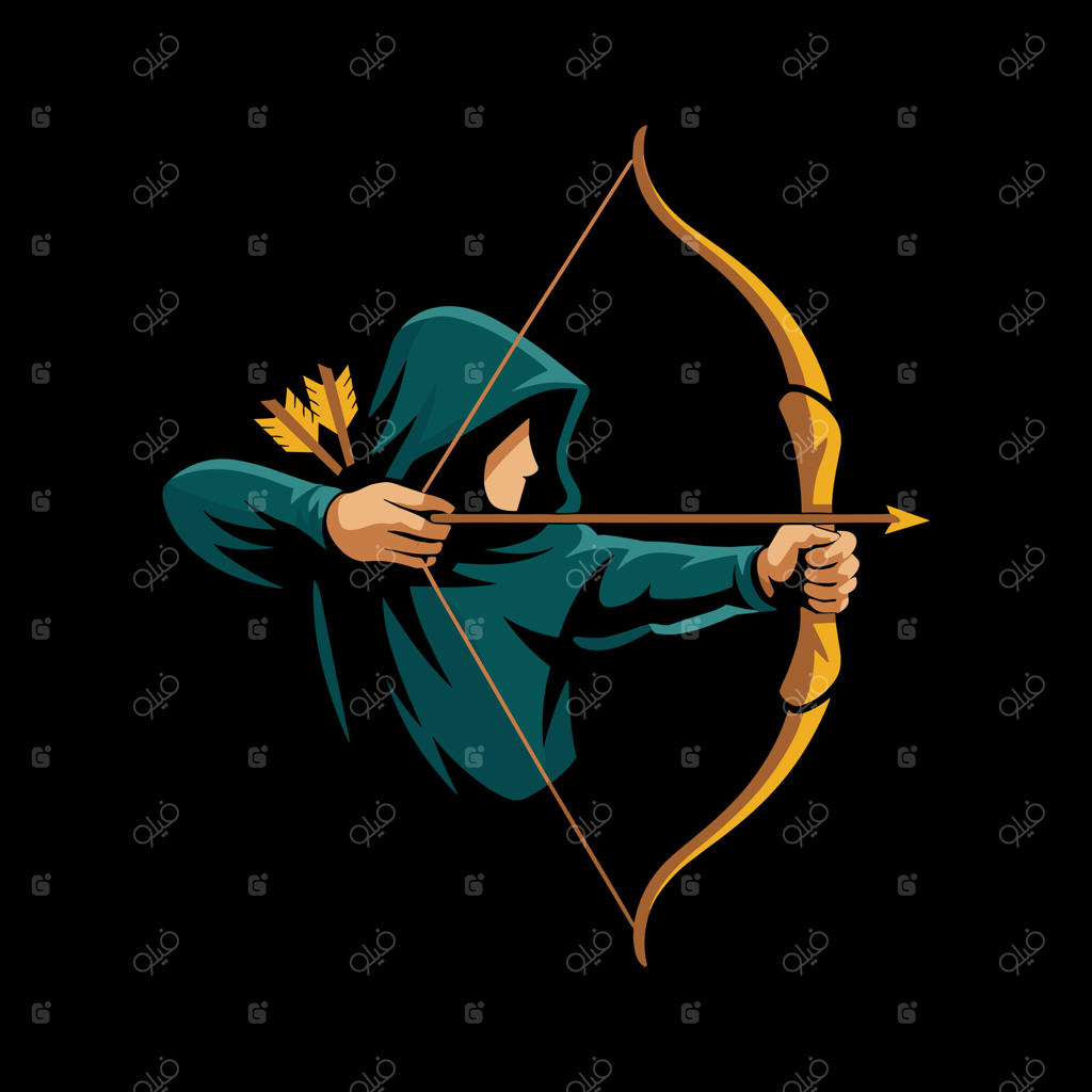 شخصیت کماندار با کلاه، در حالت تیراندازی با کمان و تیر روی پس‌زمینه سیاه