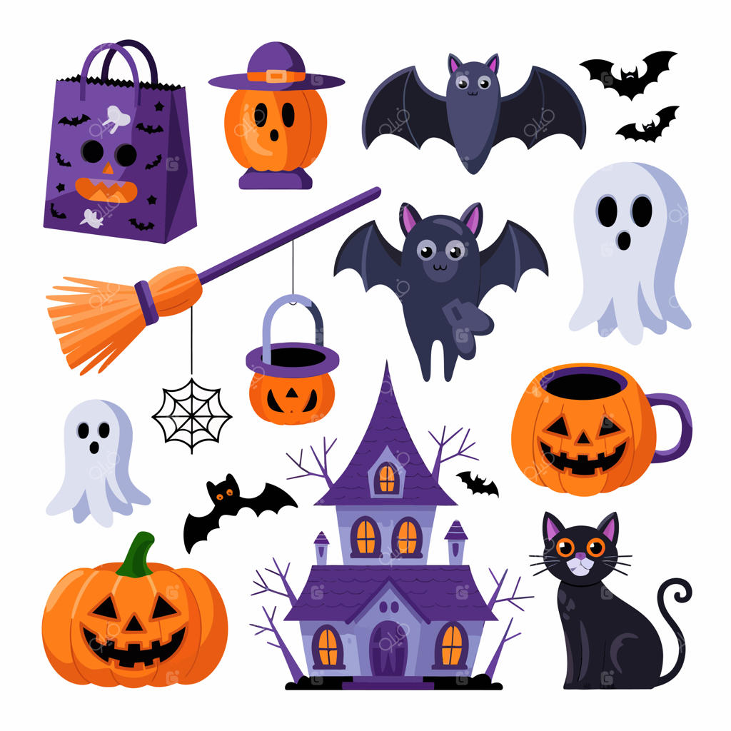 مجموعه‌ای از آیتم‌های هالووین، شامل جادوگر و جارو
