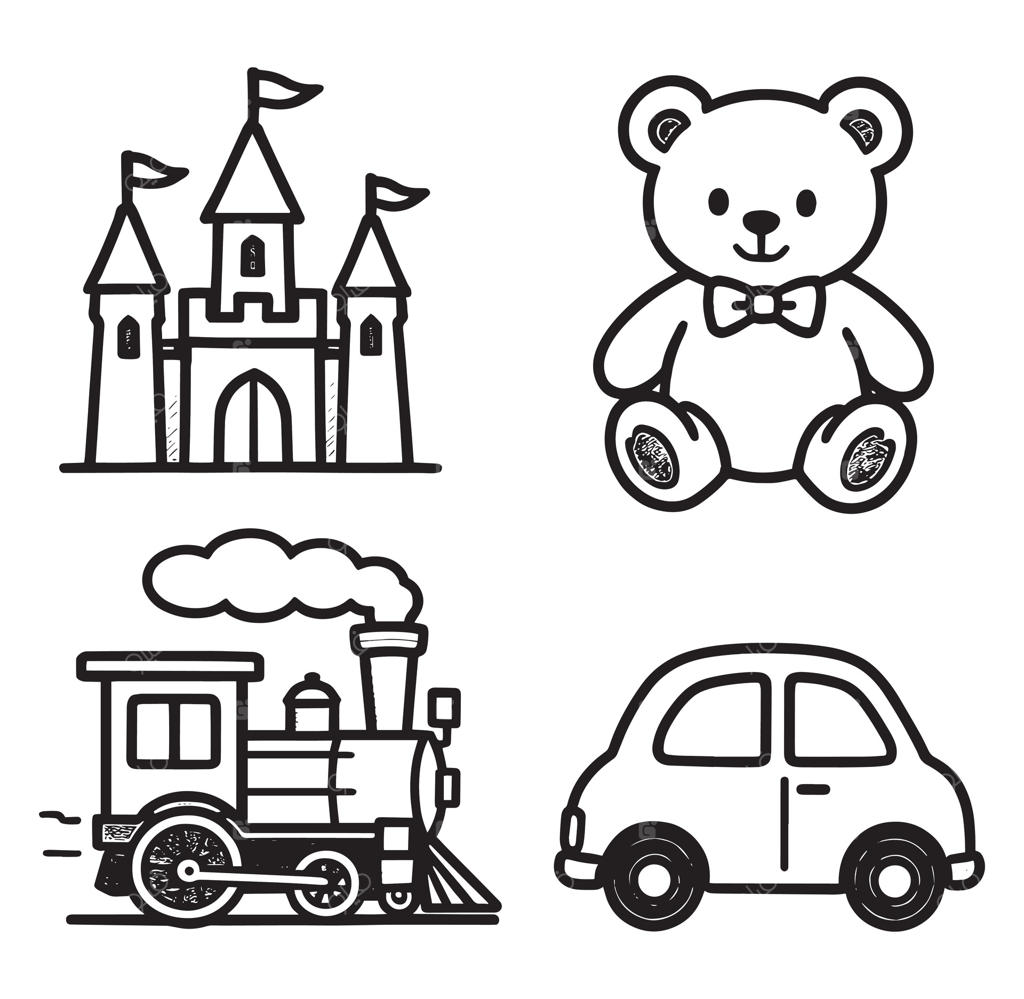 مجموعه آیکون‌های اسباب‌بازی‌های جذاب شامل قلعه، خرس عروسکی، قطار و ماشین به صورت سیاه و سفید