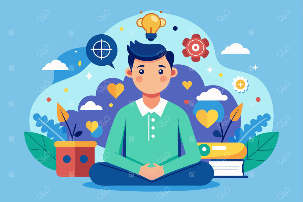 شخصیتی آرام در کارتون با نمادهای سلامت روان و خلاقیت: ترویج ذهن‌آگاهی از طریق تصویرسازی قابل تنظیم